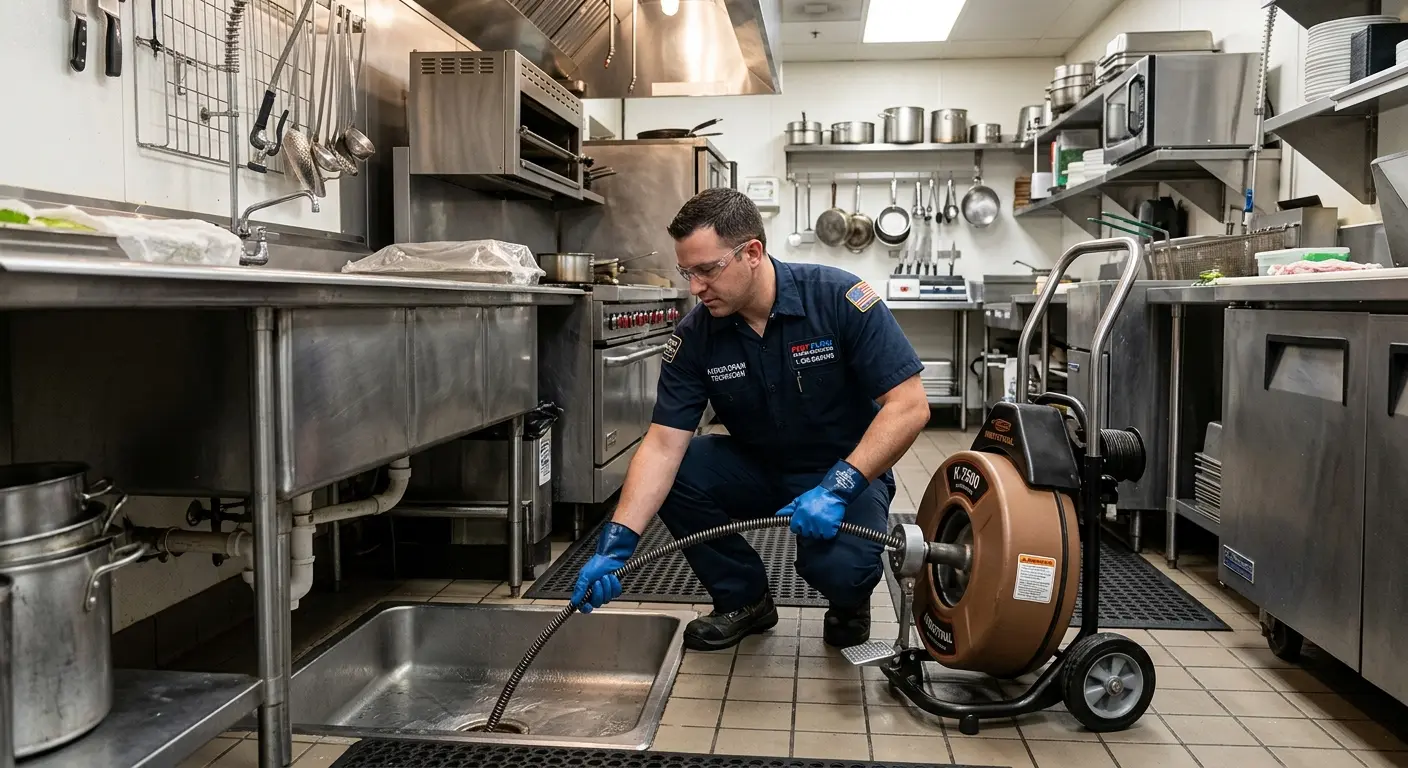 Commercial drain cleaning service in a restaurant kitchen in Chubbuck