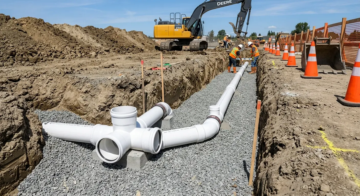 New PVC sewer pipe installation in open trench for Sewer Backup in Chubbuck