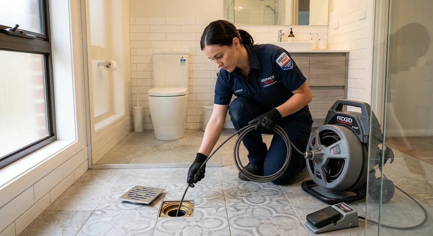 Technician clearing a bathroom floor drain for Clogged Drain Repair in Chubbuck